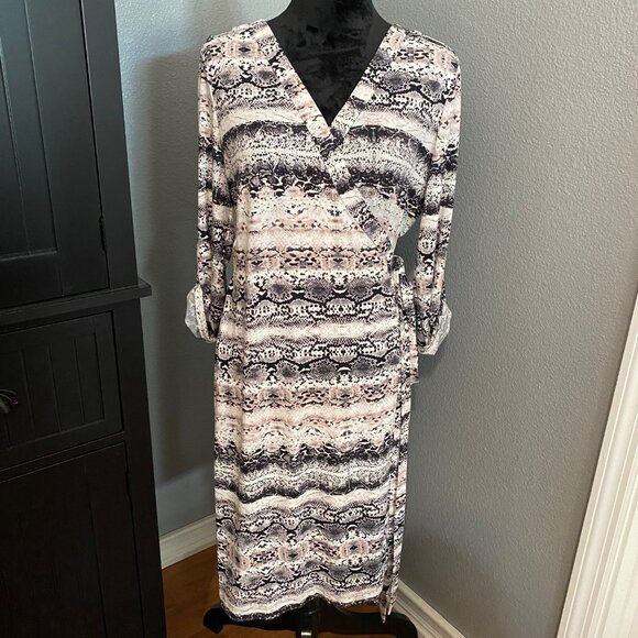 Calvin Klein Wrap Dress Size 14 Snakeskin Print Tie Waist Roll Tab Sleeves - Picture 1 of 11